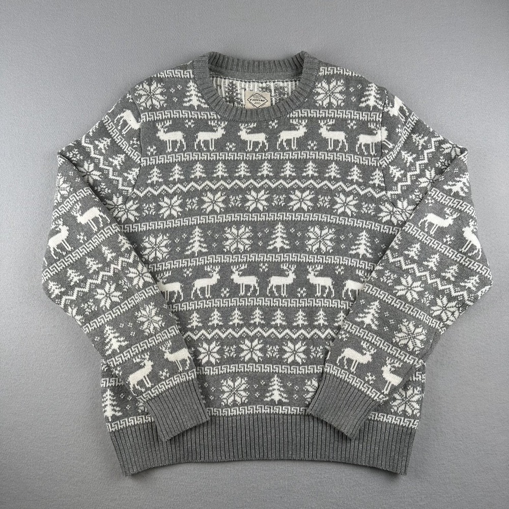 St. Johns Bay Sweater Mens L Gray White Fair Isle Reindeer Cotton Crewneck